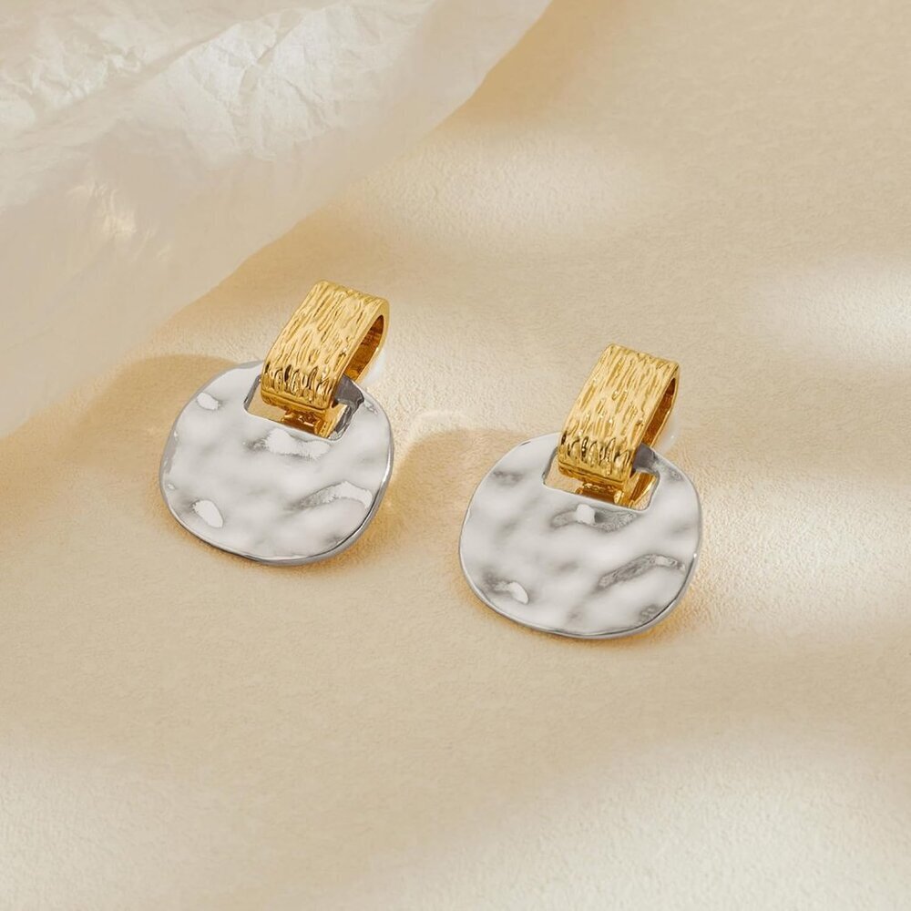 C Clip Two Tone Drop Earrings for Women Non Piercing Dangle Fashion Jewelry - Picture 5 of 6